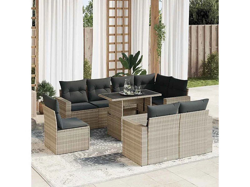 Salon de jardin 9 pcs avec coussins gris clair résine tressée