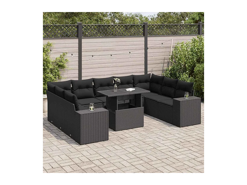 Salon de jardin 10 pcs avec coussins noir résine tressée