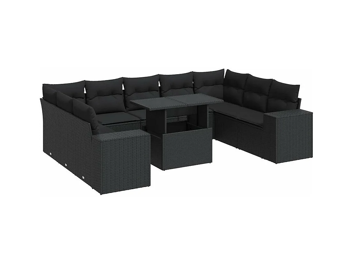 Salon de jardin 10 pcs avec coussins noir résine tressée