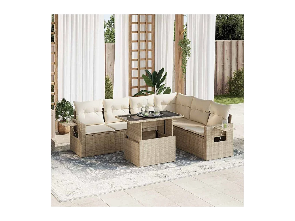 Set mobili da giardino con cuscini 7 pz beige resina intrecciata