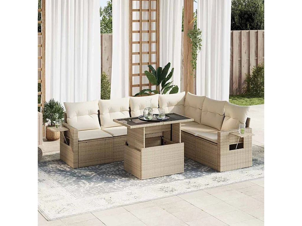 Set mobili da giardino con cuscini 7 pz beige resina intrecciata