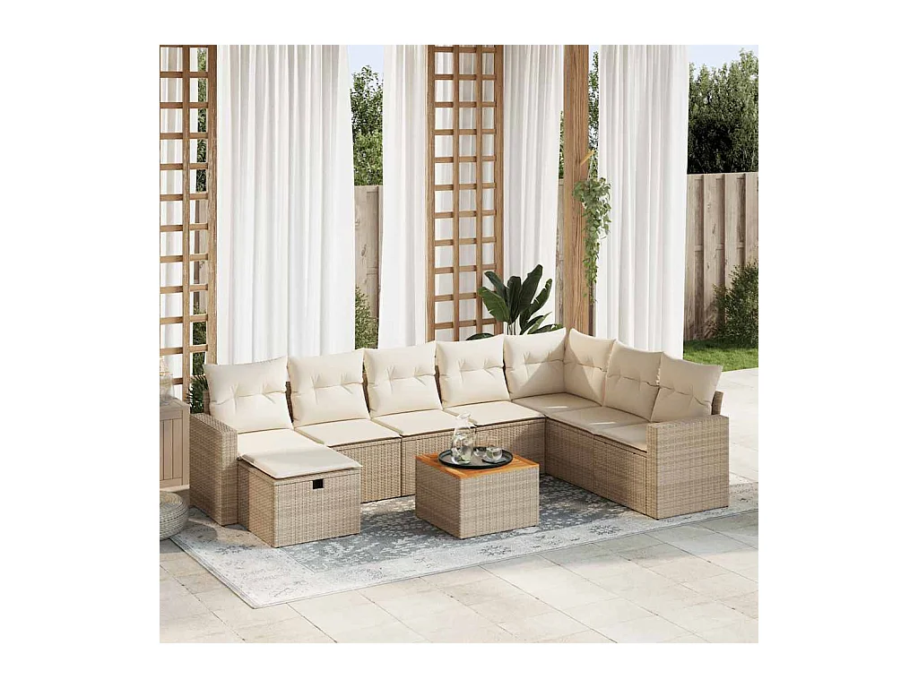 Salon de jardin avec coussins 9 pcs beige résine tressée
