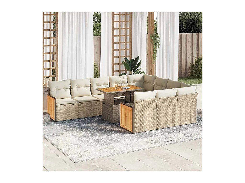 Set di mobili da giardino da 11 pezzi con cuscini beige in resina di vimini di acacia