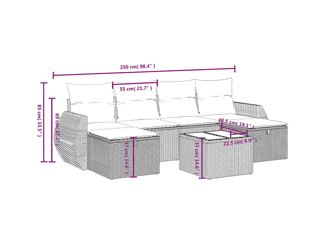 Salon de jardin avec coussins 6 pcs marron résine tressée