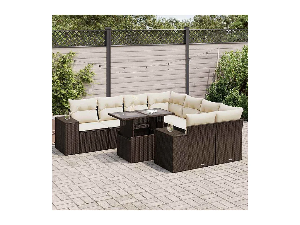 Salon de jardin avec coussins 9 pcs marron résine tressée