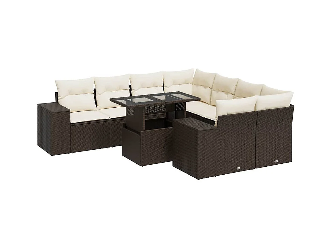 Salon de jardin avec coussins 9 pcs marron résine tressée