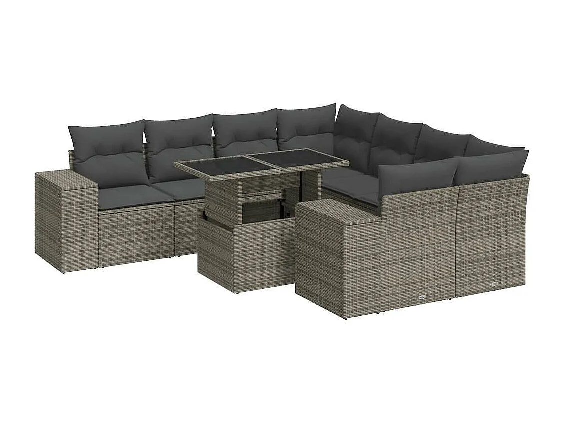 Conjunto de móveis de jardim de 9 peças com almofadas cinza em resina trançada