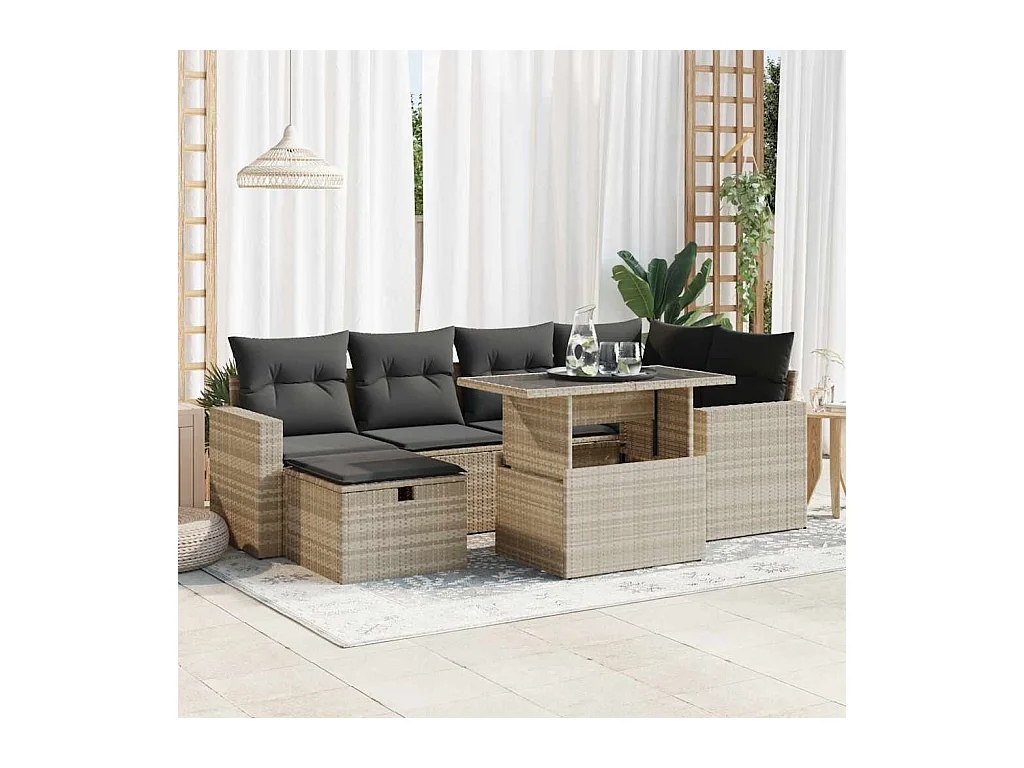 Salon de jardin avec coussins 7 pcs gris clair résine tressée