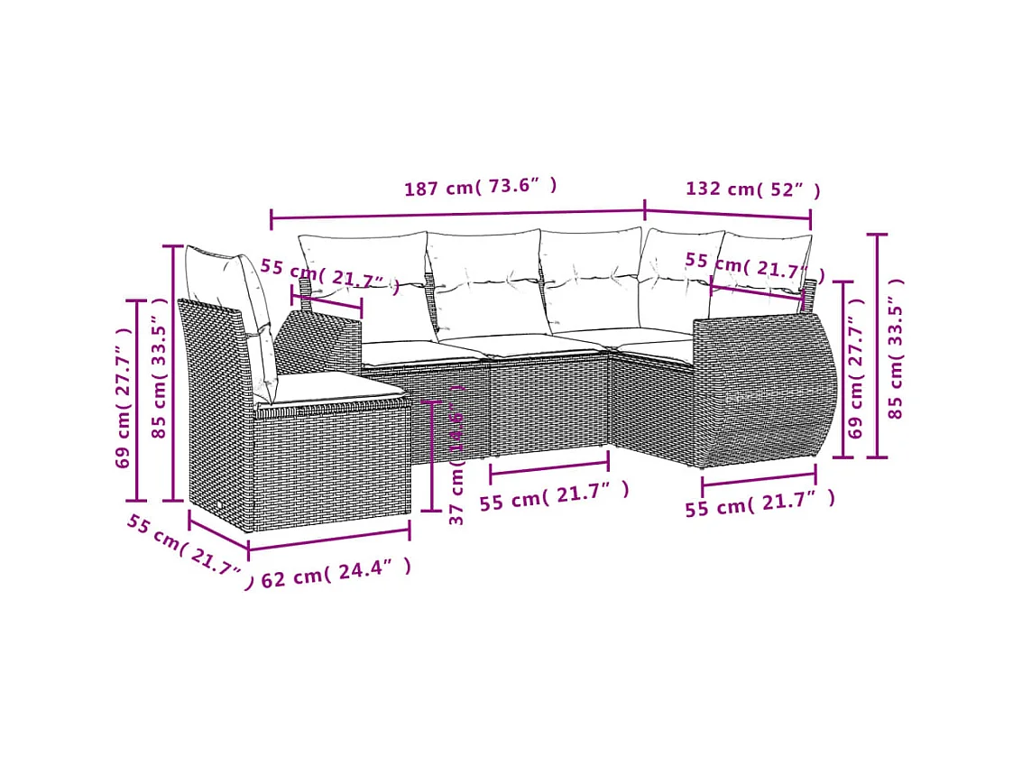 Set di mobili da giardino con cuscini 5 pezzi in resina intrecciata marrone