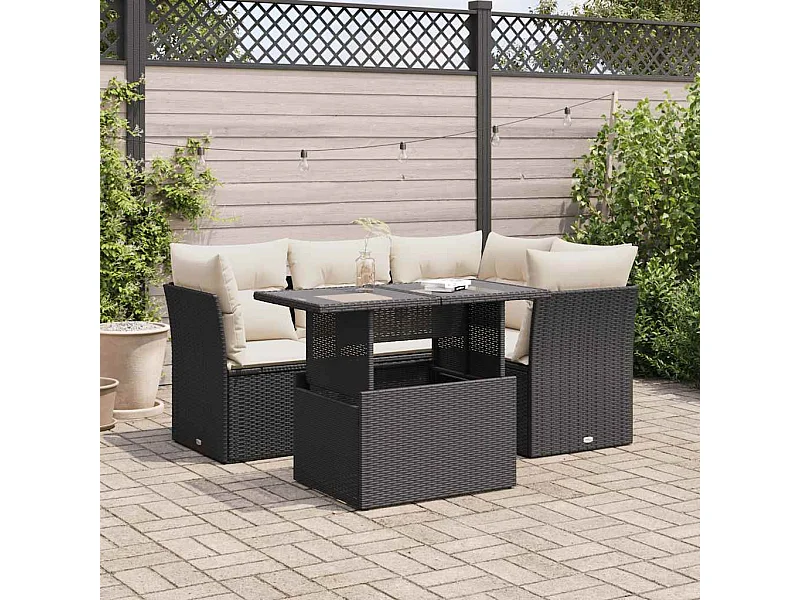 Set di mobili da giardino da 5 pezzi con cuscini neri in resina intrecciata