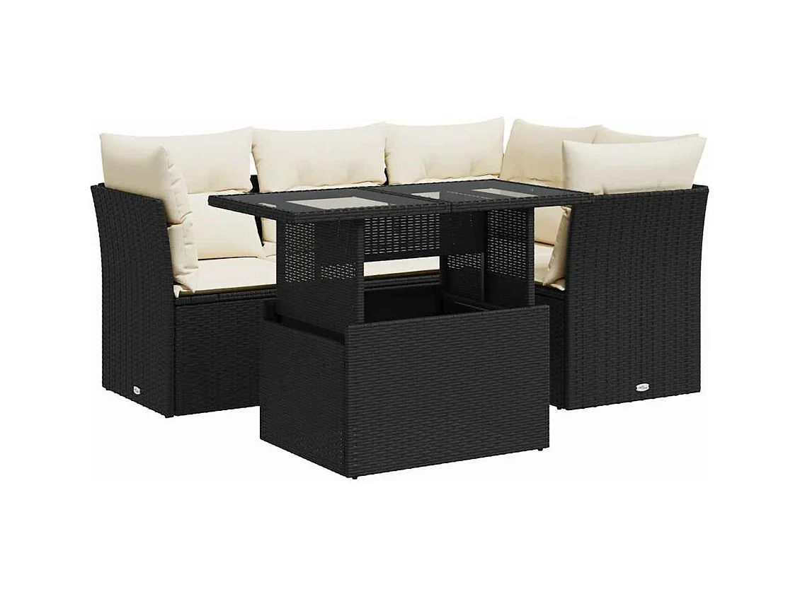 Set di mobili da giardino da 5 pezzi con cuscini neri in resina intrecciata
