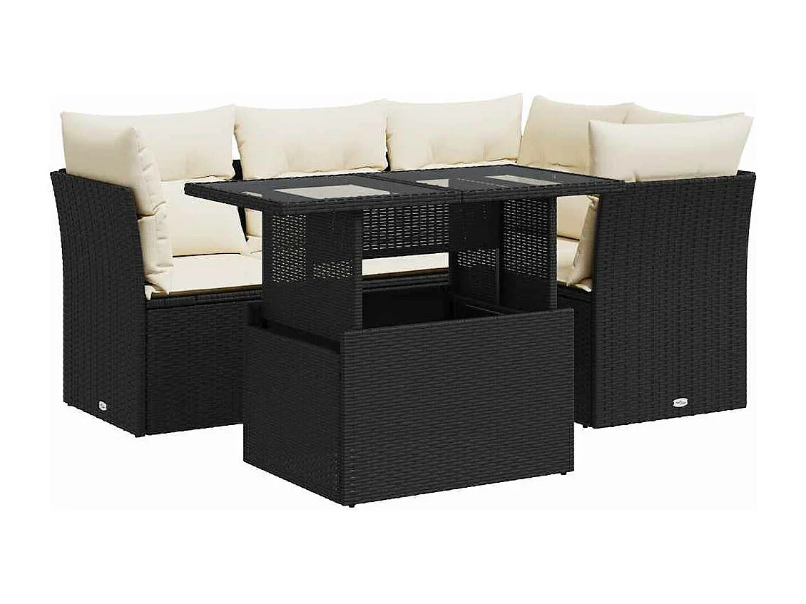 Set di mobili da giardino da 5 pezzi con cuscini neri in resina intrecciata