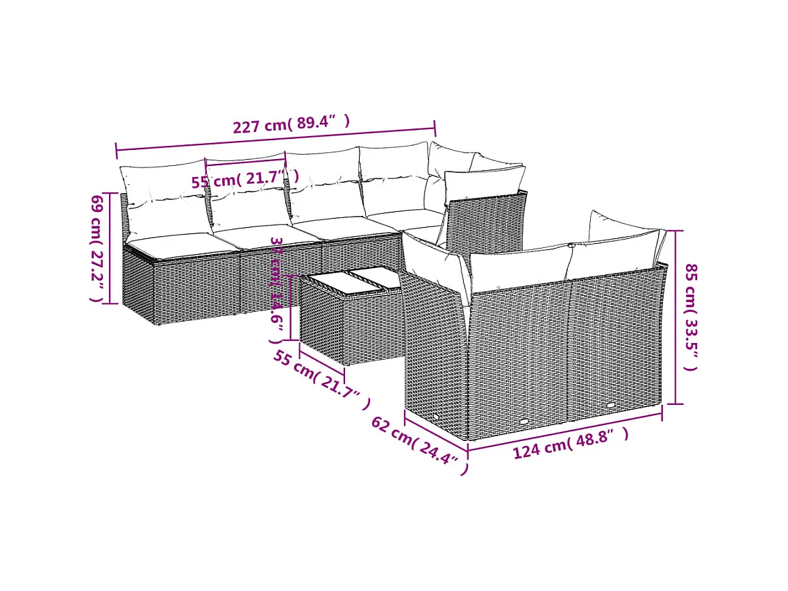 Salon de jardin 8 pcs avec coussins marron résine tressée