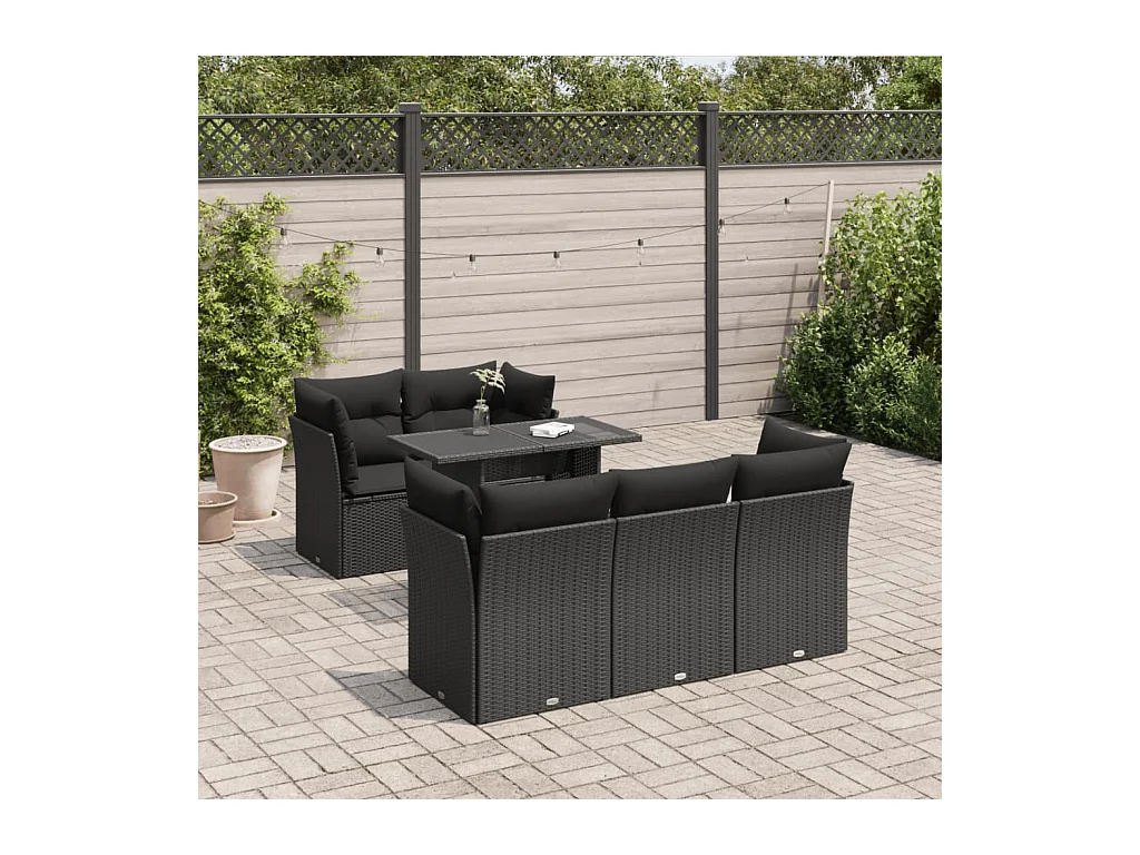 Set di mobili da giardino da 6 pezzi con cuscini neri in resina intrecciata