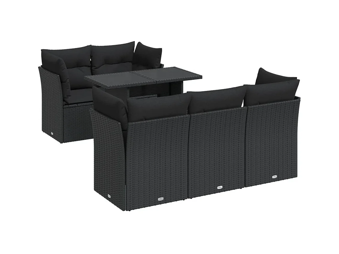 Set di mobili da giardino da 6 pezzi con cuscini neri in resina intrecciata