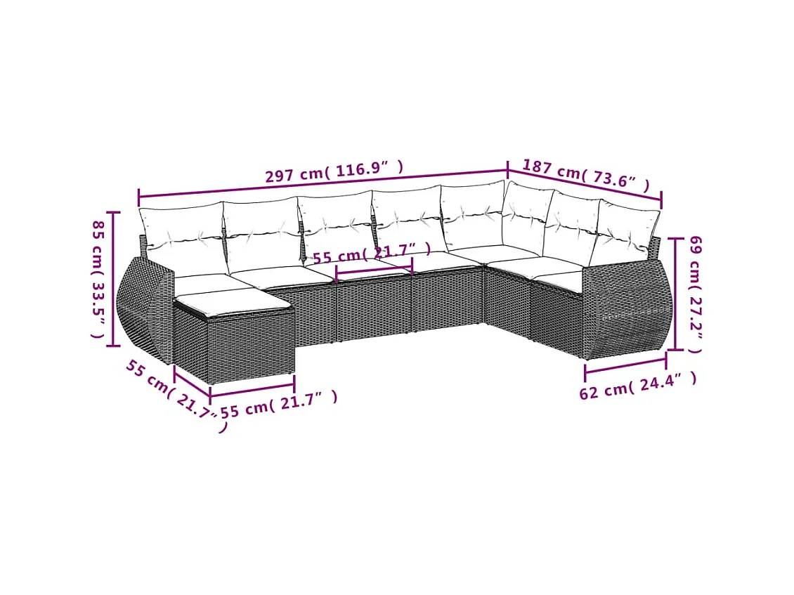 Set mobili da giardino con cuscini 9 pezzi in vimini marrone resina