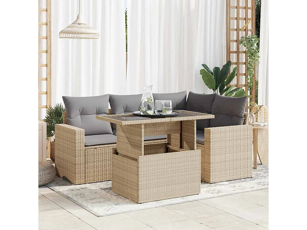 Salon de jardin avec coussins 5 pcs beige résine tressée