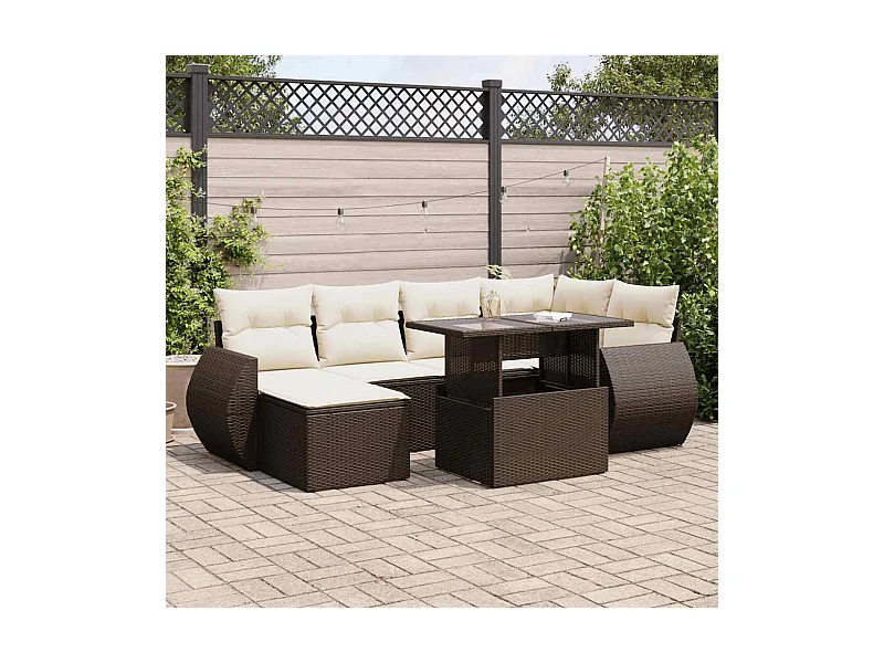 Salon de jardin avec coussins 7 pcs marron résine tressée