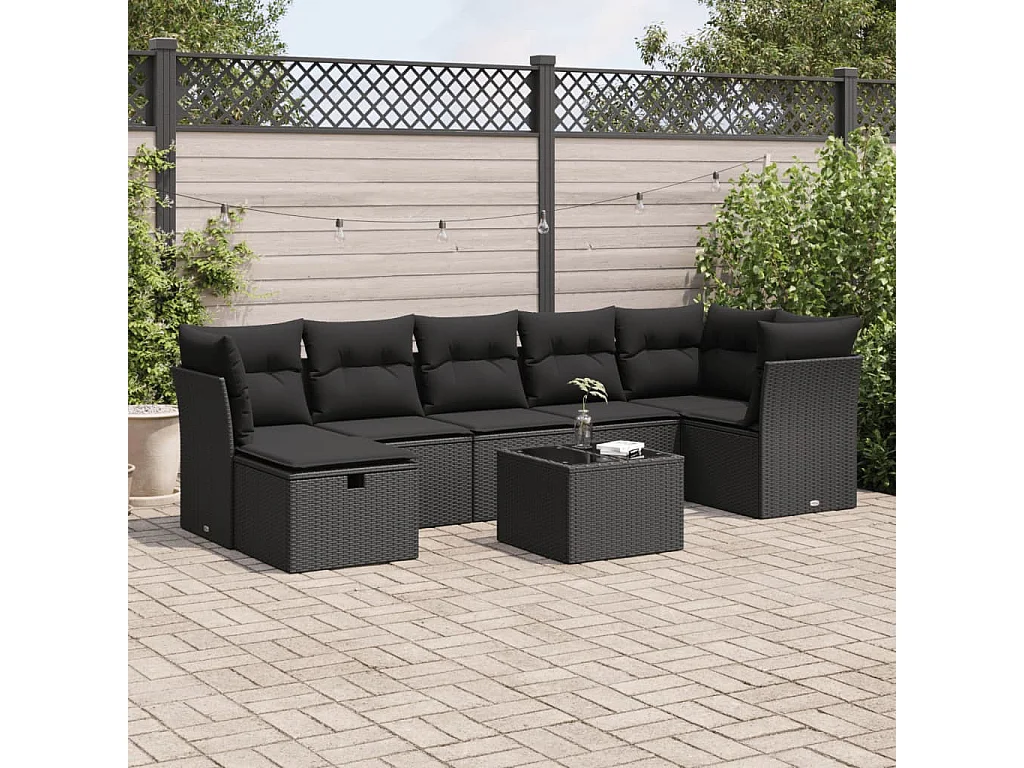 Salon de jardin 8 pcs avec coussins noir résine tressée