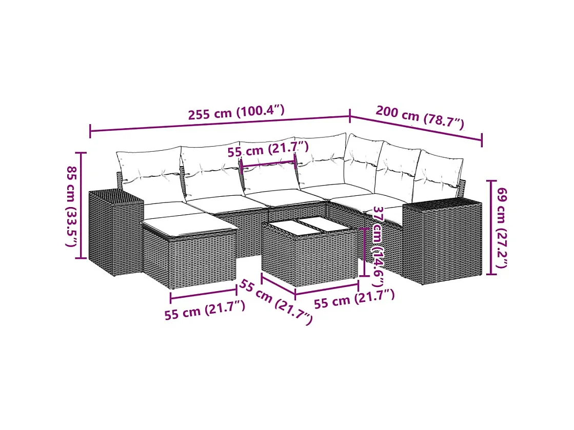 Salon de jardin 8 pcs avec coussins marron résine tressée