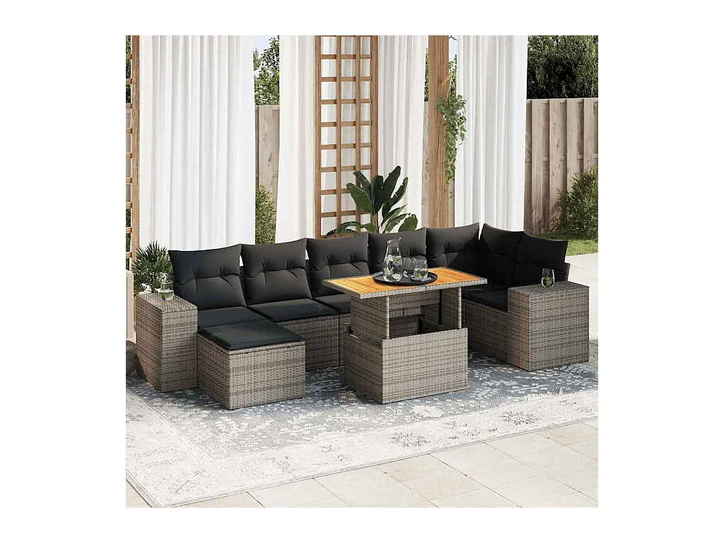 Salon de jardin 8 pcs avec coussins gris résine tressée