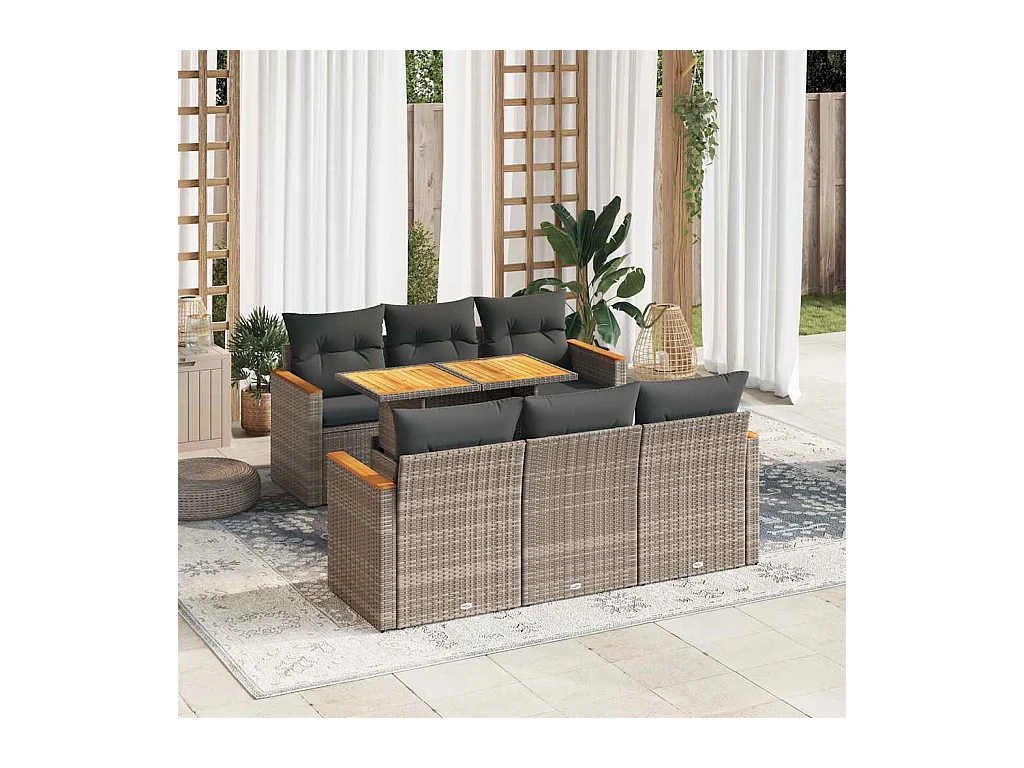 Set mobili da giardino con cuscini 7 pz grigio resina vimini acacia
