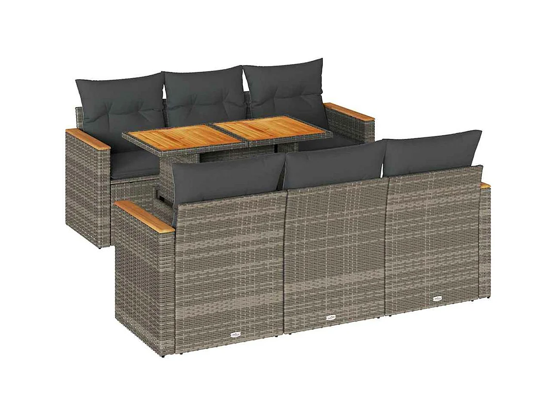 Set mobili da giardino con cuscini 7 pz grigio resina vimini acacia