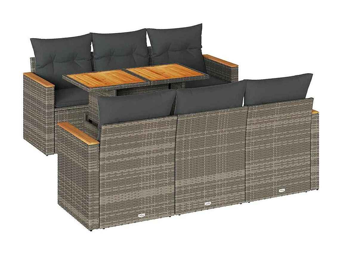 Set mobili da giardino con cuscini 7 pz grigio resina vimini acacia
