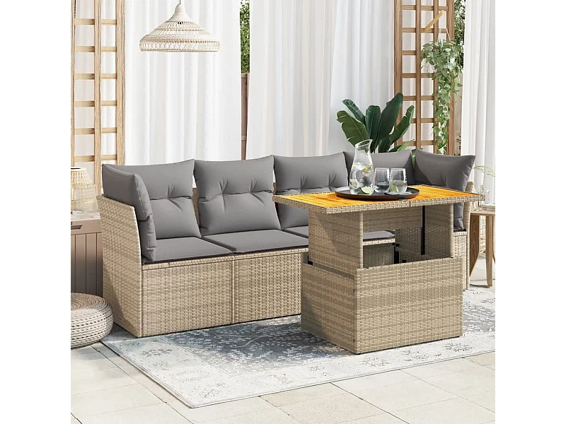 Salon de jardin avec coussins 5 pcs beige résine tressée