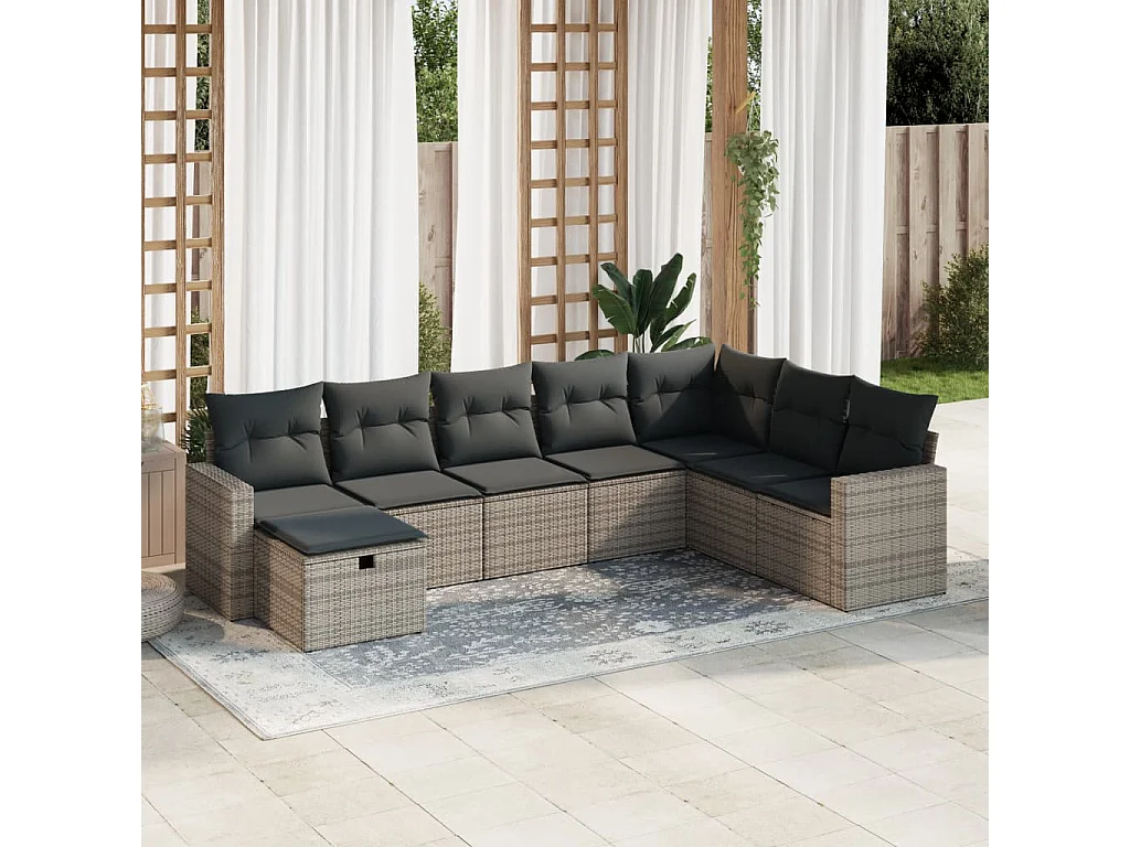 8-teiliges Gartenmöbel-Set mit grauen Kissen aus Kunstharzgeflecht