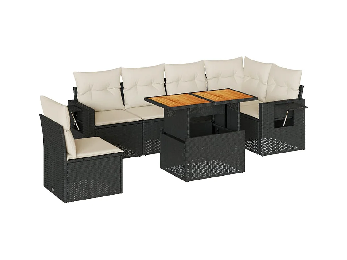 Salon de jardin 7 pcs avec coussins noir résine tressée