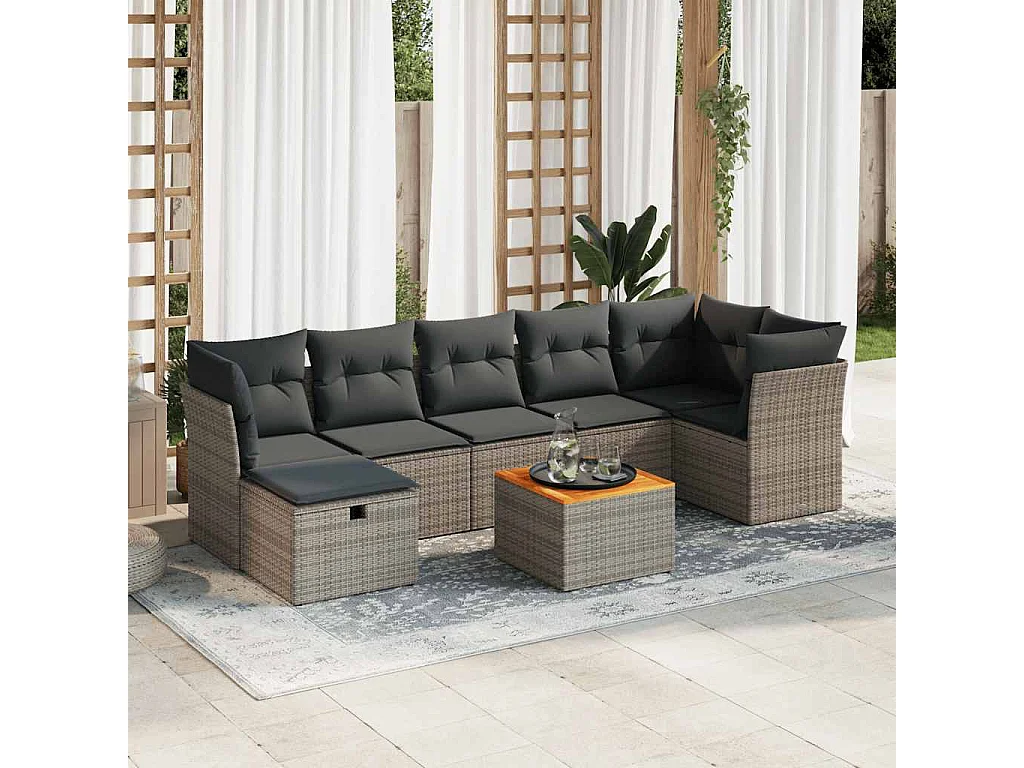Conjunto de móveis de jardim de 8 peças com almofadas de vime de resina cinza