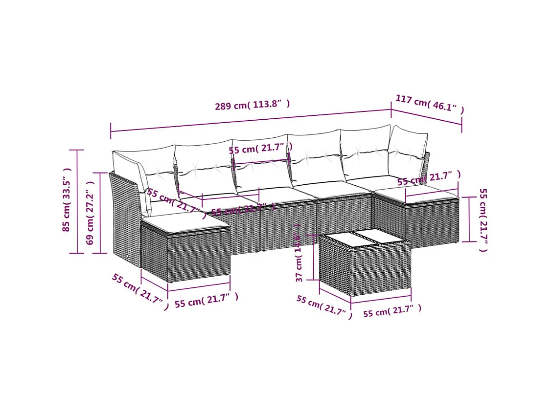 Salon de jardin 8 pcs avec coussins marron résine tressée