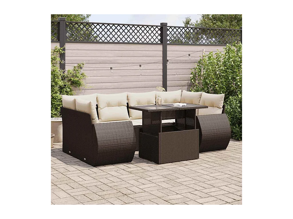 Set mobili da giardino con cuscini 7 pz in resina vimini marrone