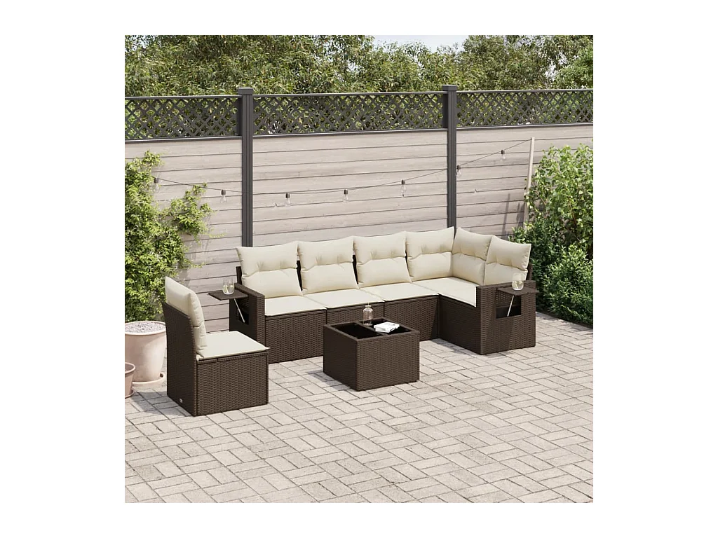 Salon de jardin avec coussins 7 pcs marron résine tressée