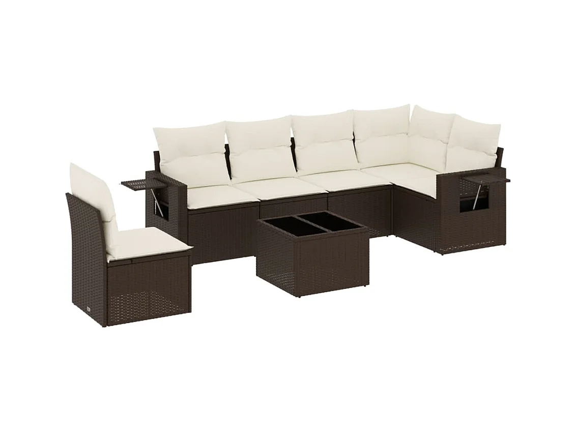Salon de jardin avec coussins 7 pcs marron résine tressée