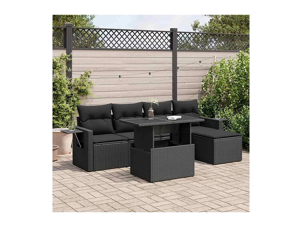 Set di mobili da giardino da 6 pezzi con cuscini neri in resina intrecciata