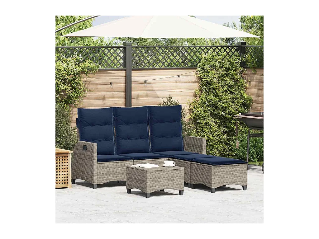 Salon de jardin 3 pcs avec coussins forme L gris résine tressée