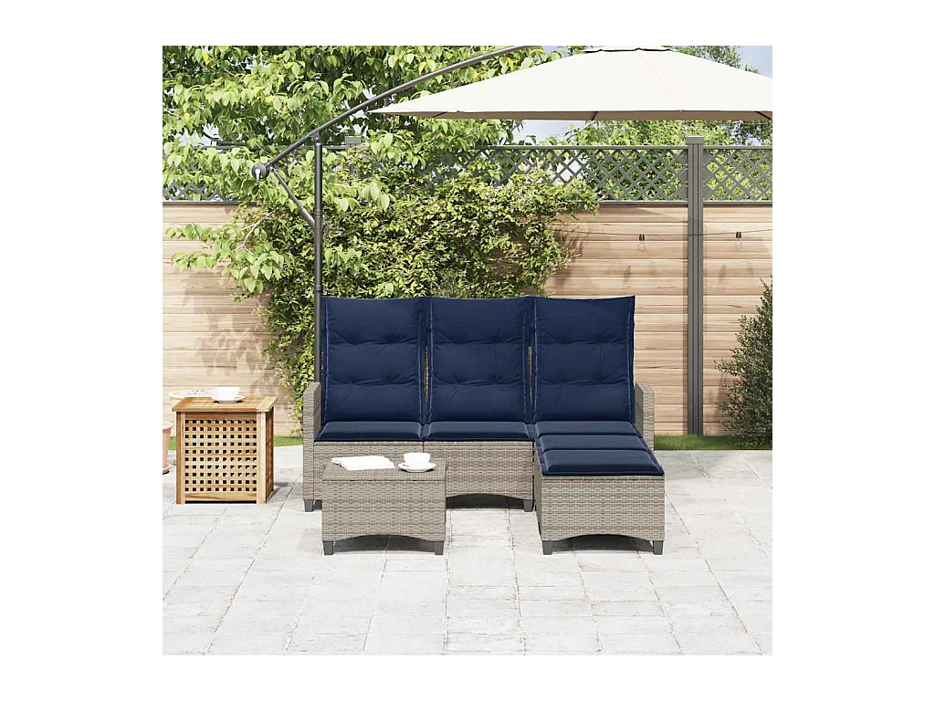 Salon de jardin 3 pcs avec coussins forme L gris résine tressée
