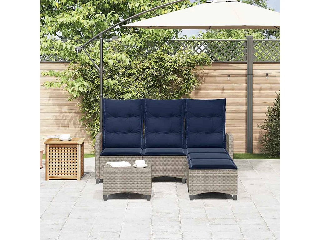 Salon de jardin 3 pcs avec coussins forme L gris résine tressée