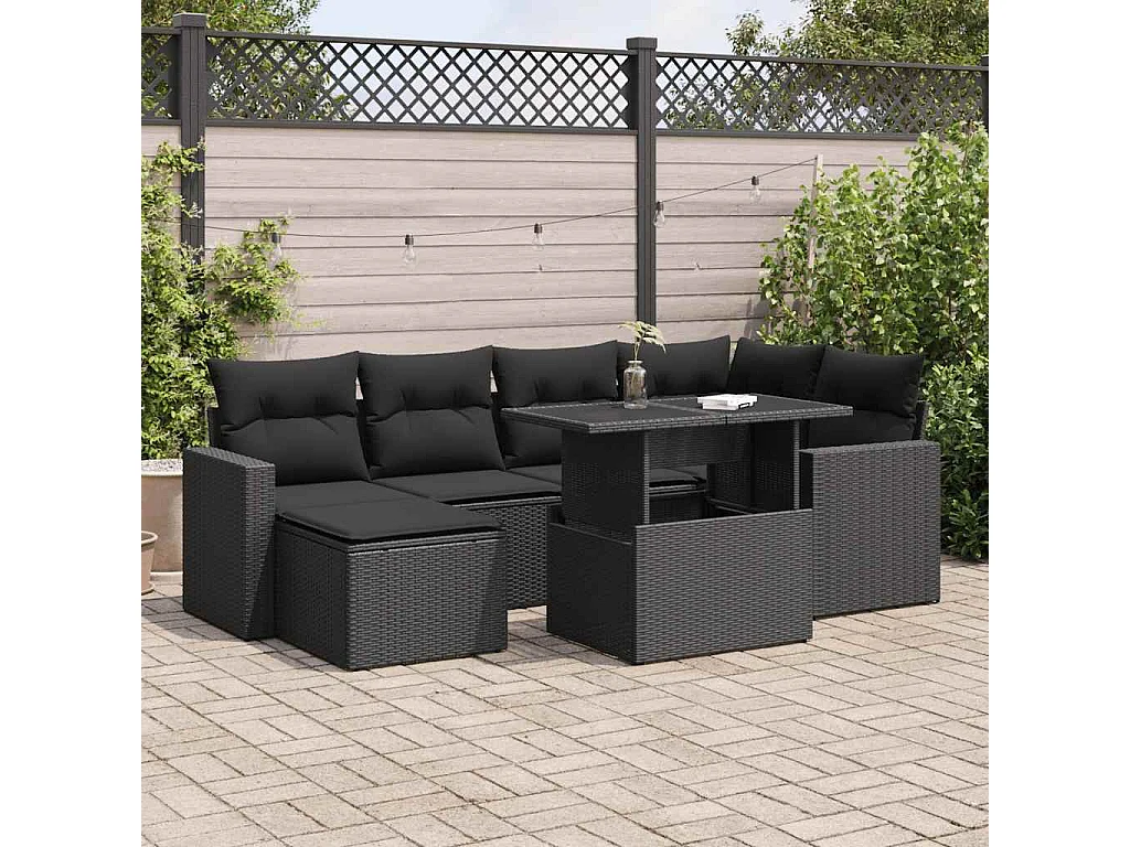 Salon de jardin 7 pcs avec coussins noir résine tressée