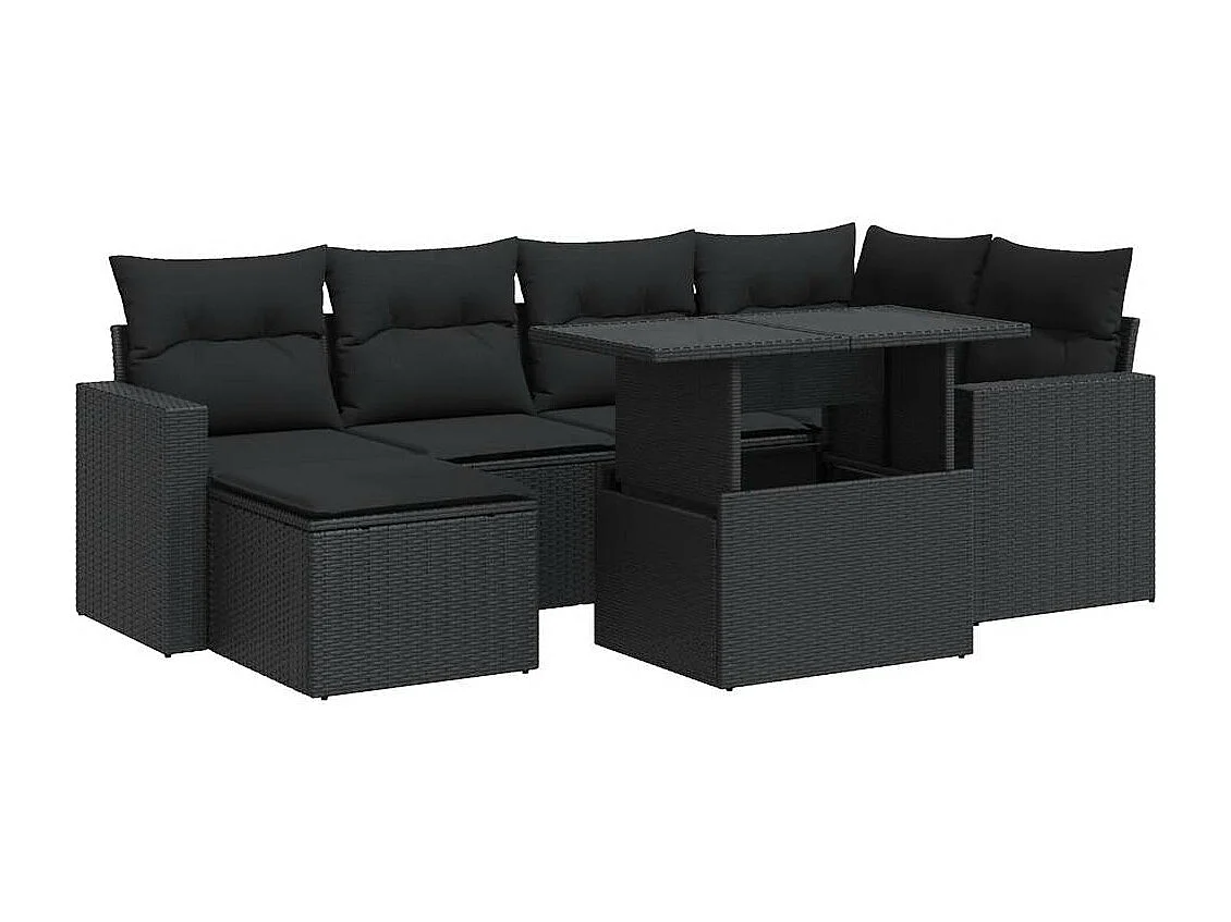 Salon de jardin 7 pcs avec coussins noir résine tressée