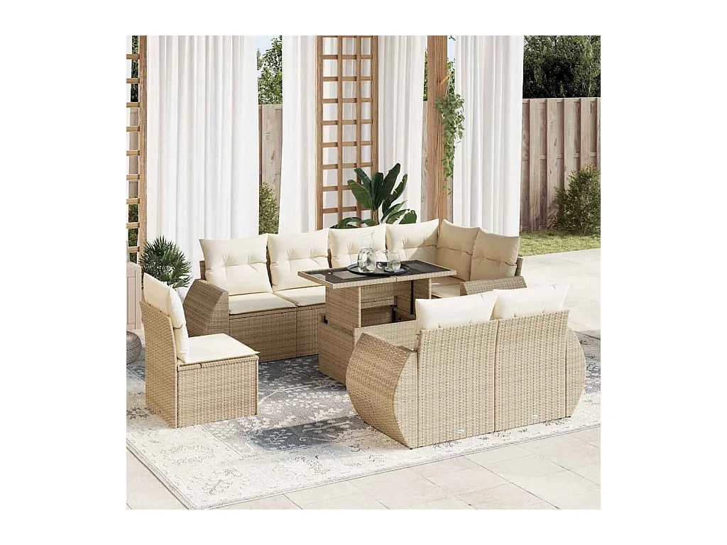 Salon de jardin avec coussins 9 pcs beige résine tressée