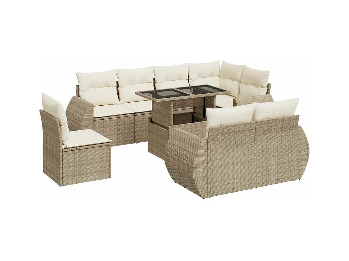 Salon de jardin avec coussins 9 pcs beige résine tressée