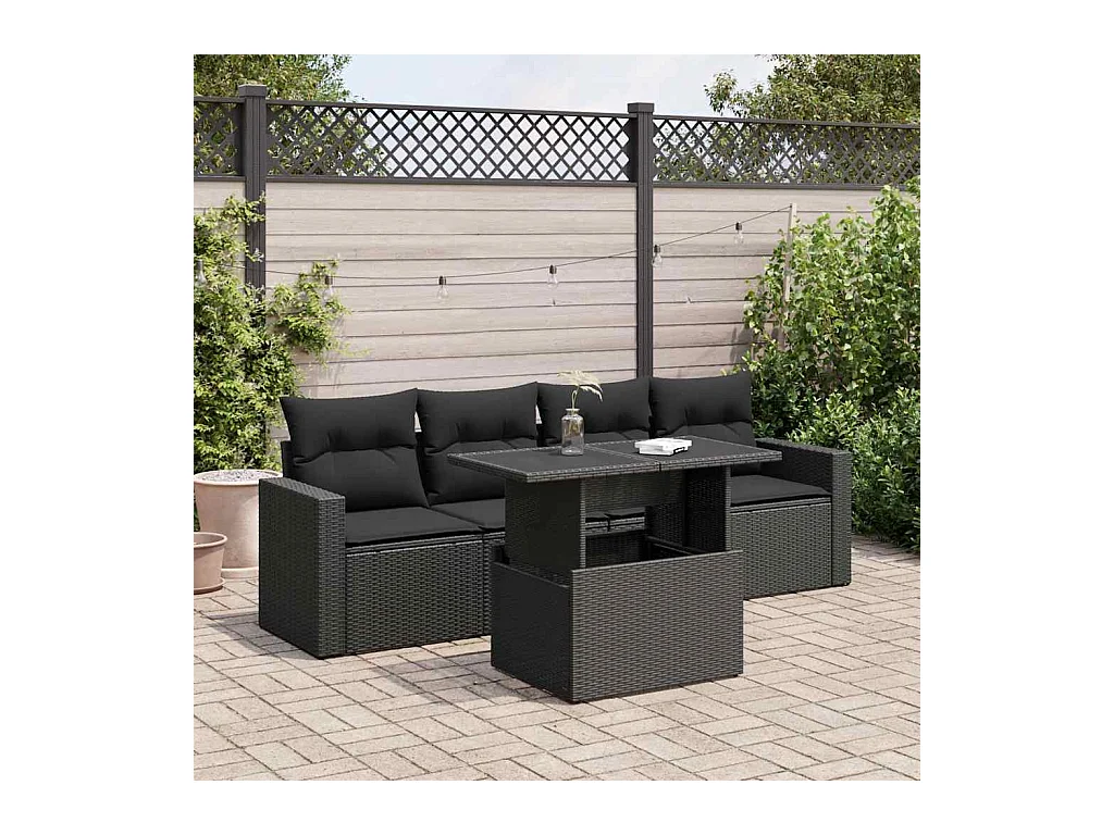 Set di mobili da giardino da 5 pezzi con cuscini neri in resina intrecciata