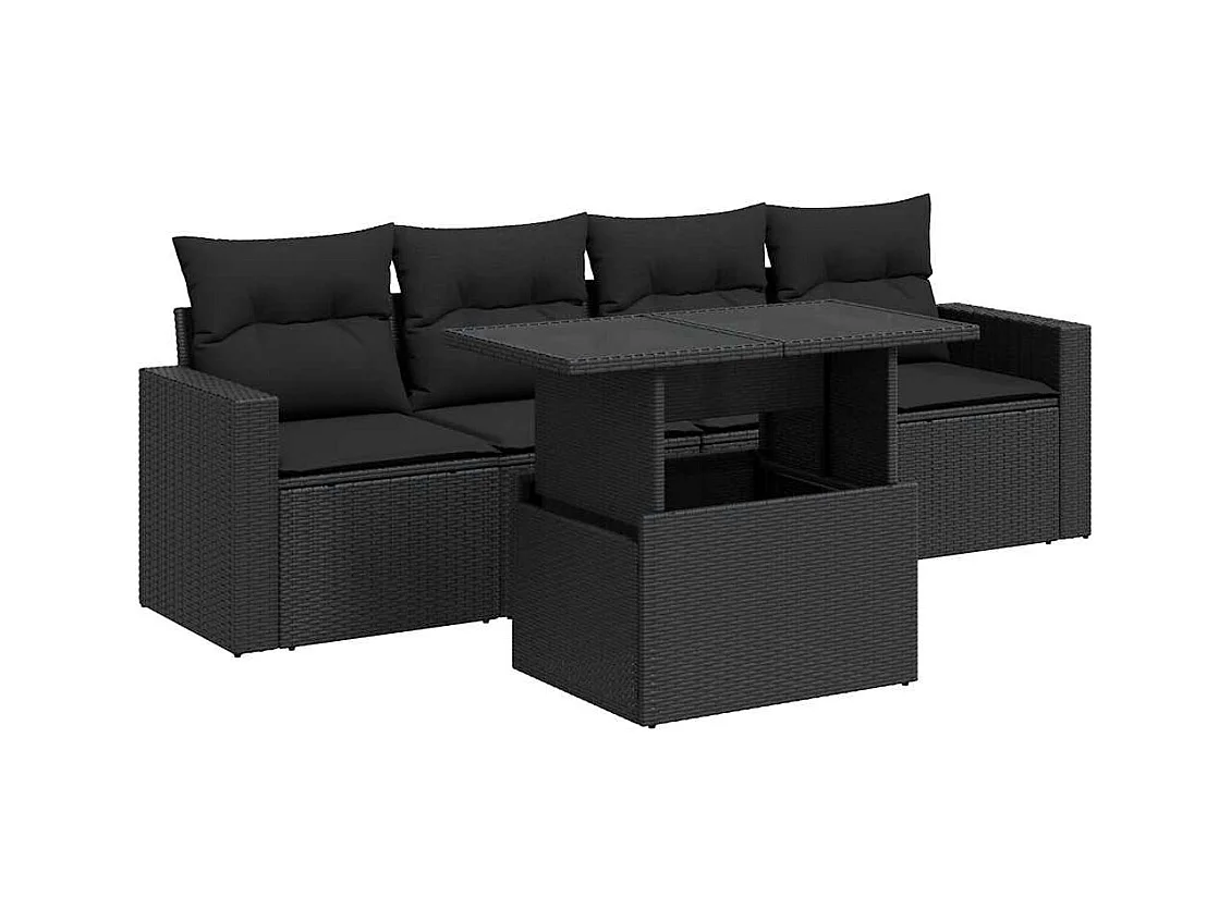 Set di mobili da giardino da 5 pezzi con cuscini neri in resina intrecciata