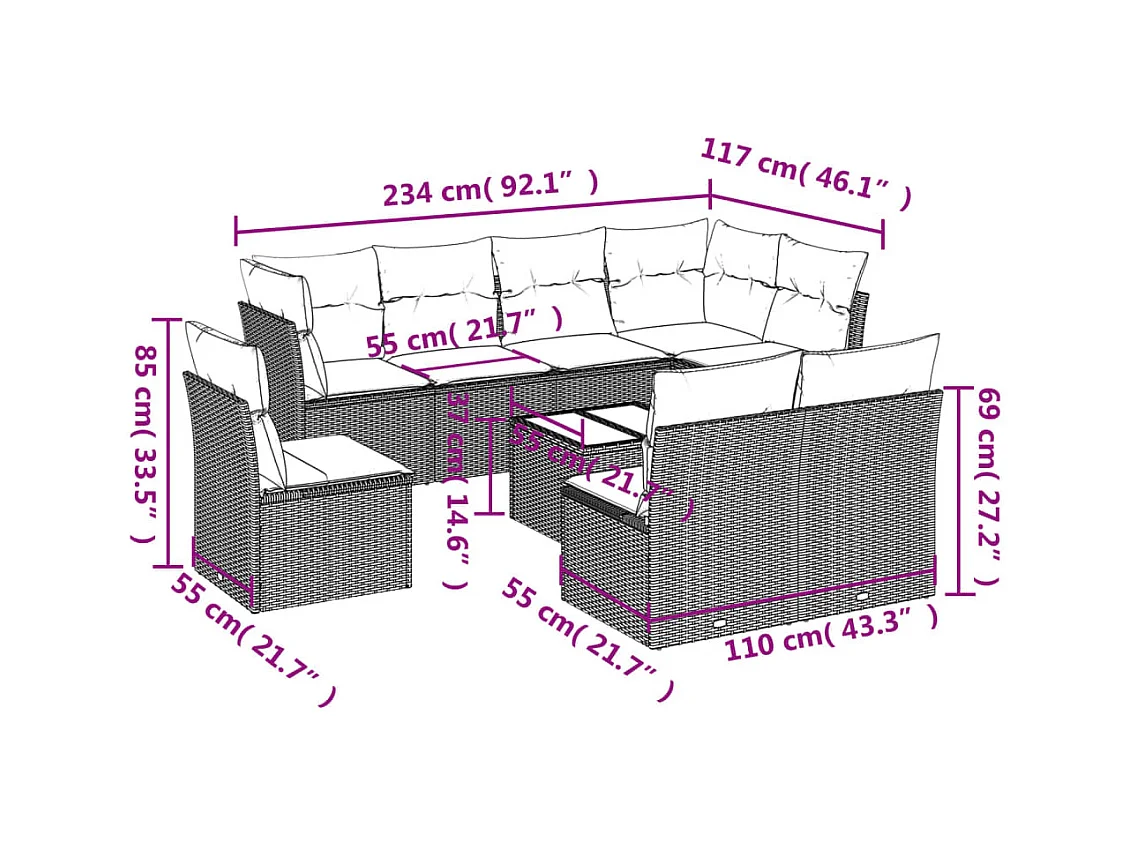Set mobili da giardino con cuscini 9 pezzi in vimini marrone resina