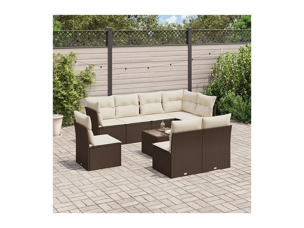 Salon de jardin avec coussins 9 pcs marron résine tressée