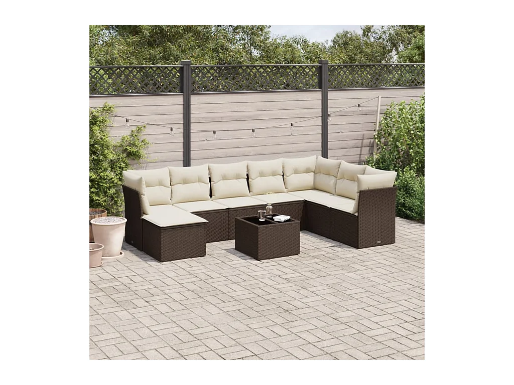 Salon de jardin avec coussins 9 pcs marron résine tressée