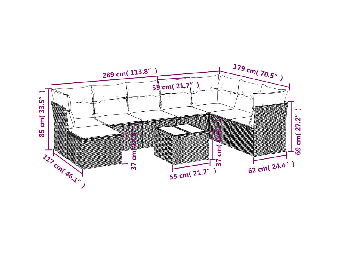 Salon de jardin avec coussins 9 pcs marron résine tressée